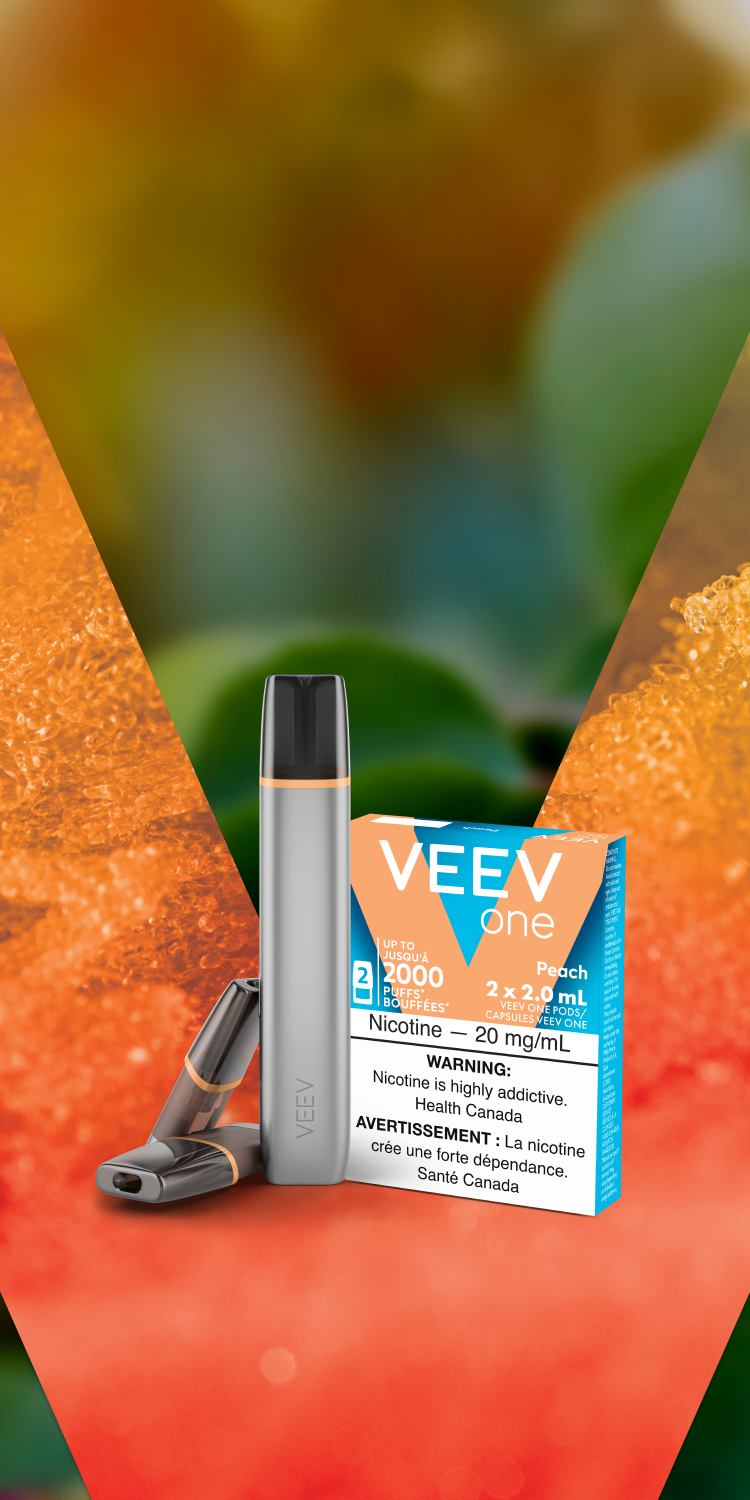 VEEV ONE vape and pack of  pods on orange background